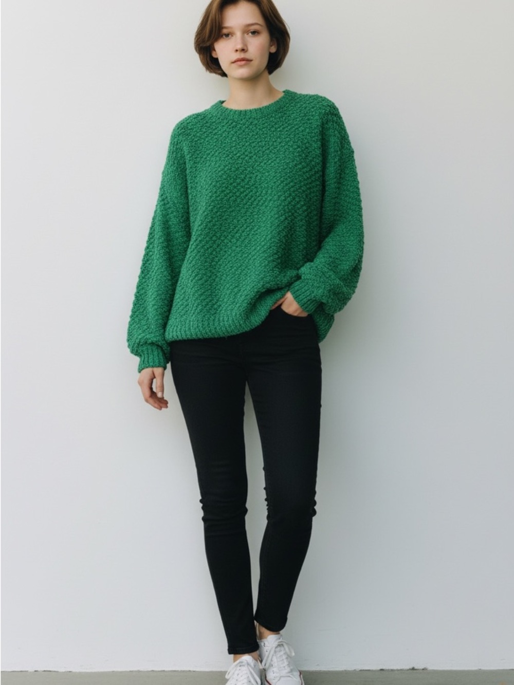 Hayden Emerald Green Textured Crewneck Sweater